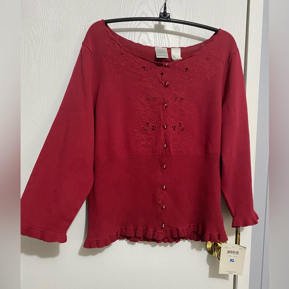 NEW Emma James XL Red button up cardigan blouse embroidered Cottagecore